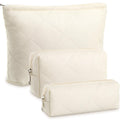 Paterr 3 Pcs Quilted Makeup Bag Set Back to School Favor Small Bridesmaid Cosmetic Bag Aesthetic Travel Pouch Cute Purse Pencil Case Makeup Storage Organizer for Women Birthday Gift(Cotton,Beige)