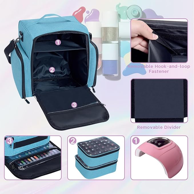 YAHOURWAT Nail Polish Organizer Holds 60 Bottles and a Nail Lamp,Portable Travel Case with 2 Removable Bags and Tools Storage Pockets Green