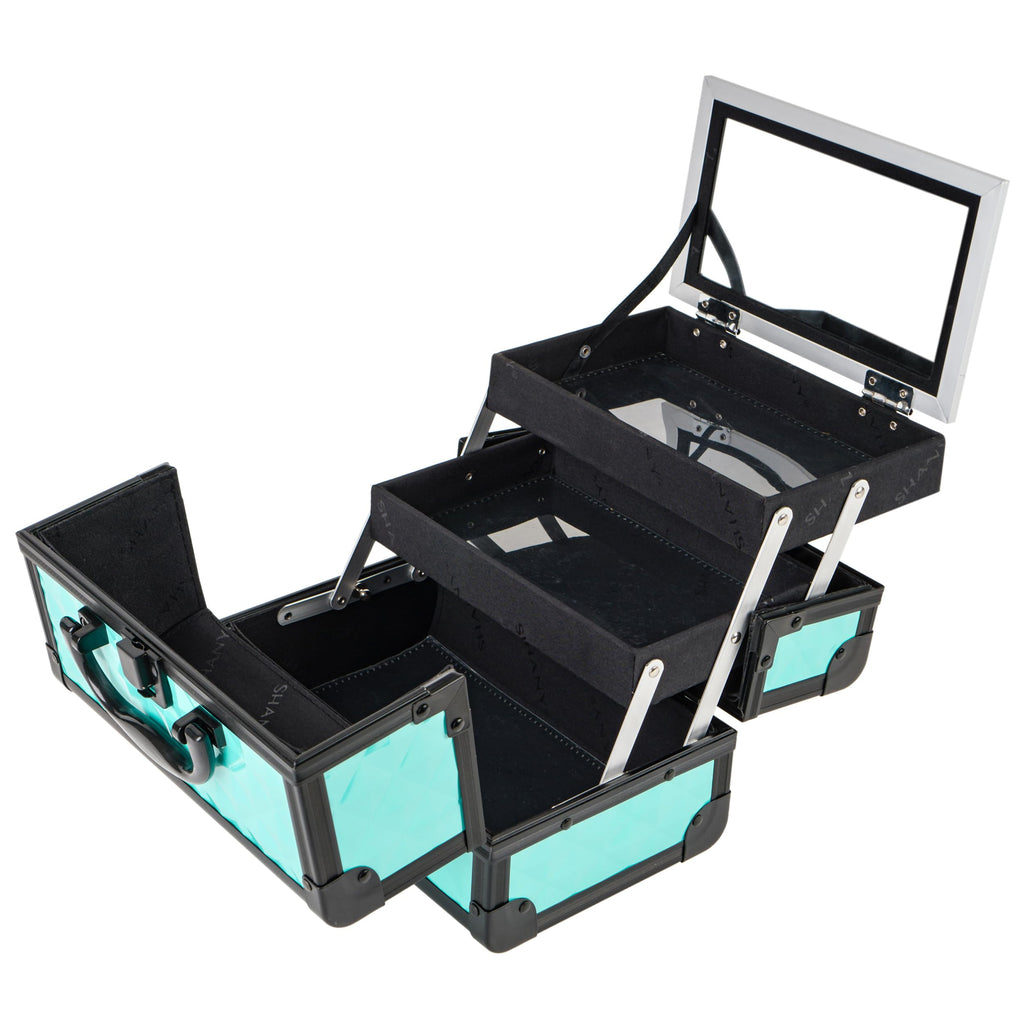 SHANY Chic Makeup Train Case Cosmetic Box Portable Makeup Case Cosmetics Beauty Organizer Jewelry storage with Locks, Multi trays Makeup Storage Box with Makeup Mirror - Aqua
