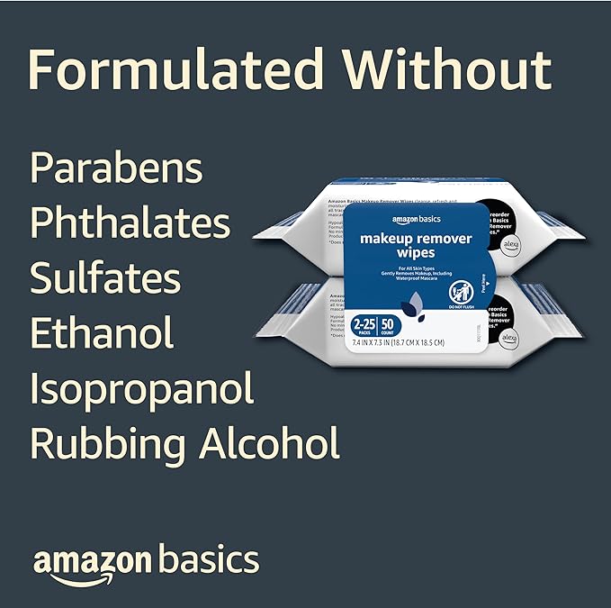 Amazon Basics Makeup Remover Wipes, Gentle Cleansing, Dermatologist Tested, pH-Balanced, Plant Based, Alcohol-Free, Removes Waterproof Mascara, 25 Count, 2-Pack
