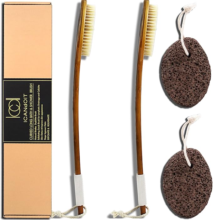 ICANdOIT-17.71Inch Natural Stiff Sisal Bristles Anti-Slip Long Handle Bath Brush,Bent Handle Shower Scrubber for Exfoliating,Shower Back Brush,Exfoliation Set with Pumice Stone(2 Pack)