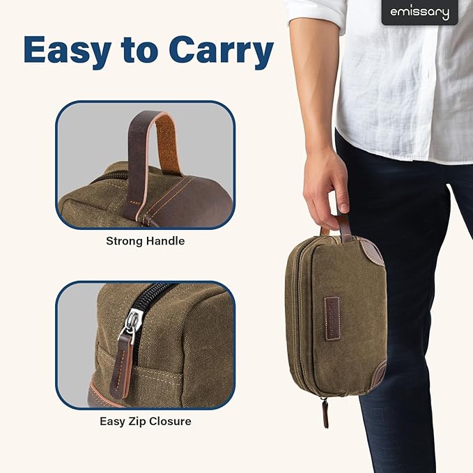 emissary Men's Canvas Travel Toiletry Bag, Leather Dopp Kit - Brown