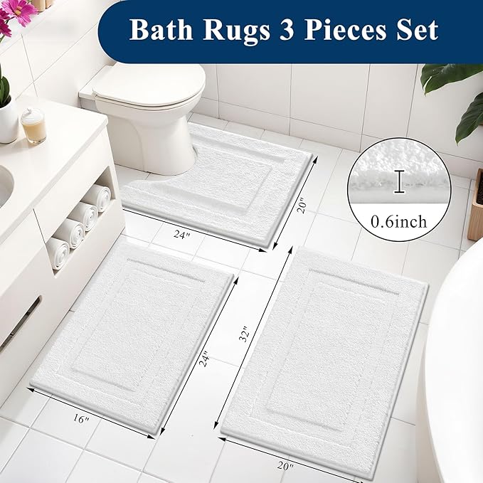 SHACOS White Bathroom Rugs Sets 3 Piece Small Bath Mat U Shaped Toilet Rug