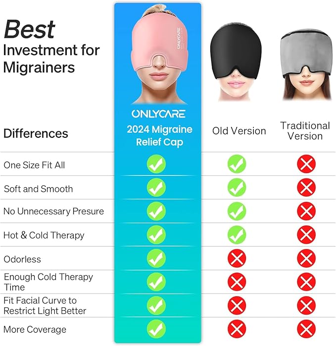 ONLYCARE Migraine Relief Cap,Soothing Migraine Mask,Upgraded Odorless Gel Ice Head Wrap, Hot and Cold Therapy, Headache Ice Pack for Tension and Stress(Black & Pink, 2 Count)