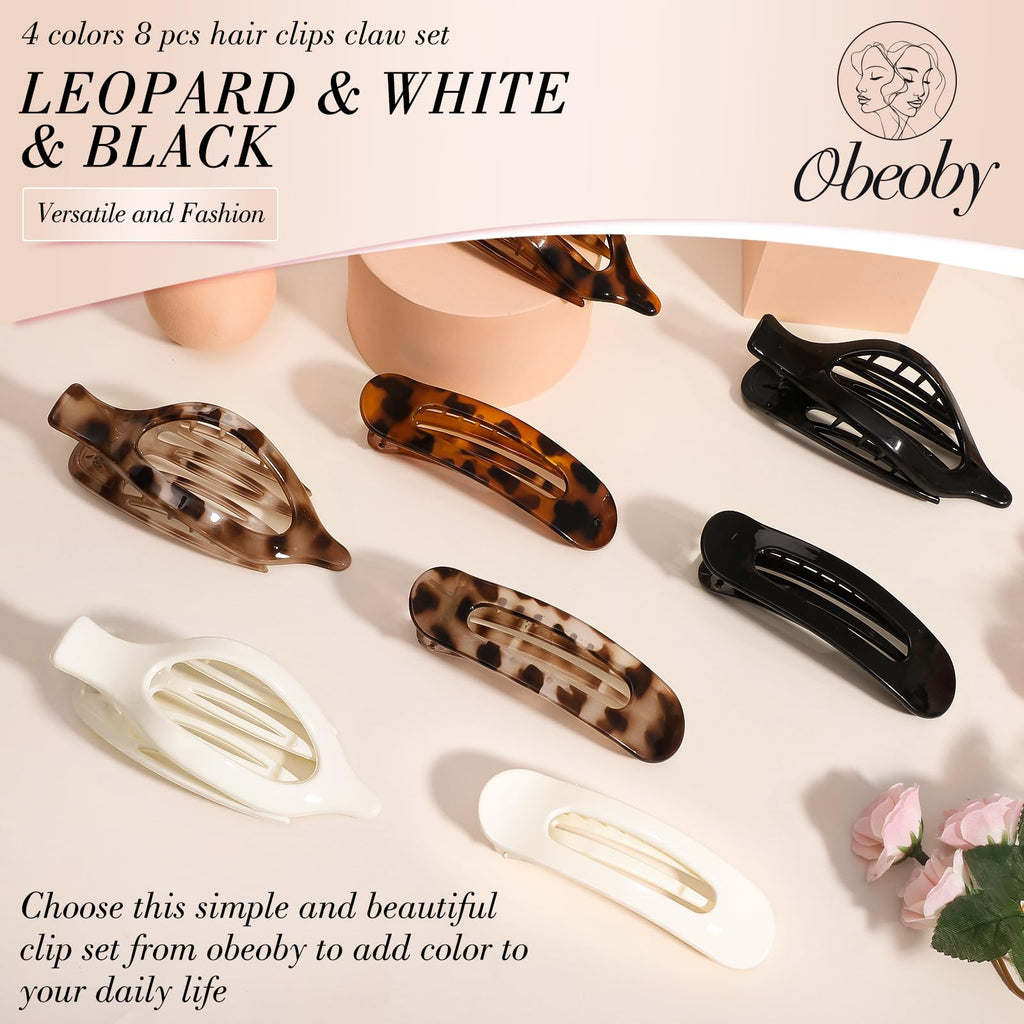 Obeoby 8 PCS Flat Hair Clips, Easter Gifts Tortoiseshell Flat Claw Clips 2 Styles Hair Claws for Women Girls Medium Hair Volume