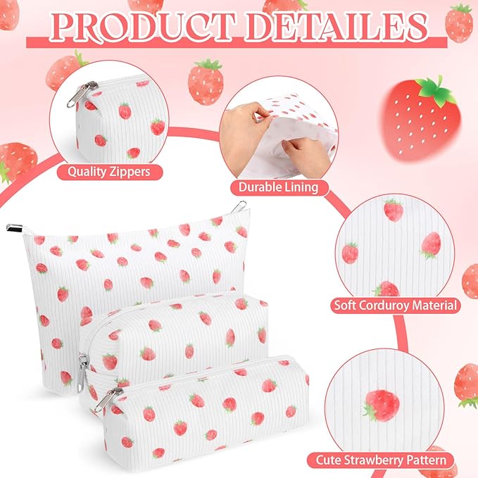 Huhumy 3 Pcs Makeup Bag Set for Women Corduroy Cosmetic Pouch Aesthetic Smile Travel Toiletry Bag Cute Purse Pouch Pencil Case Makeup Brushes Storage Organizer with Zipper(White,Strawberry)