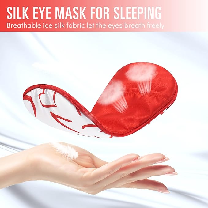 Cavoilu Sleep Mask w/Cooling Gel Eye Mask, Silk Eye Mask for Sleeping, Hot & Cold Eye Masks, Blindfold Reusable Eye Cover Sleeping Mask for Home Office Travel, Gifts for Women (Red Heart)
