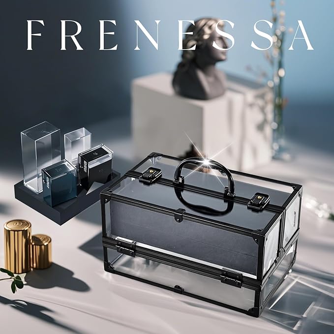FRENESSA Portable Makeup Case Cosmetics Display Toiletry Organizer Box Transparent Acrylic Artists Train Case with 4 Trays Travel Makeup Tools Storage for Vanity Counter Dresser Organizer Black