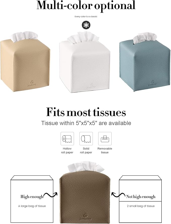Tissue Box Cover, Jeethemy Square PU Leather Tissue Box Holder, Modern Tissue Case Facial Paper Organizer Dispenser，5X5X5'',Single Cocoa Brown