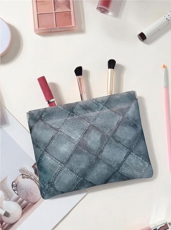Ksriylm Denim Blue PU Leather Makeup Pouch Set for Women Small Checkered Make Up Bag for Purse Waterproof Initial Makeup Cosmetic Bags Pouches for Purse Aesthetic Travel Toiletry Bag,