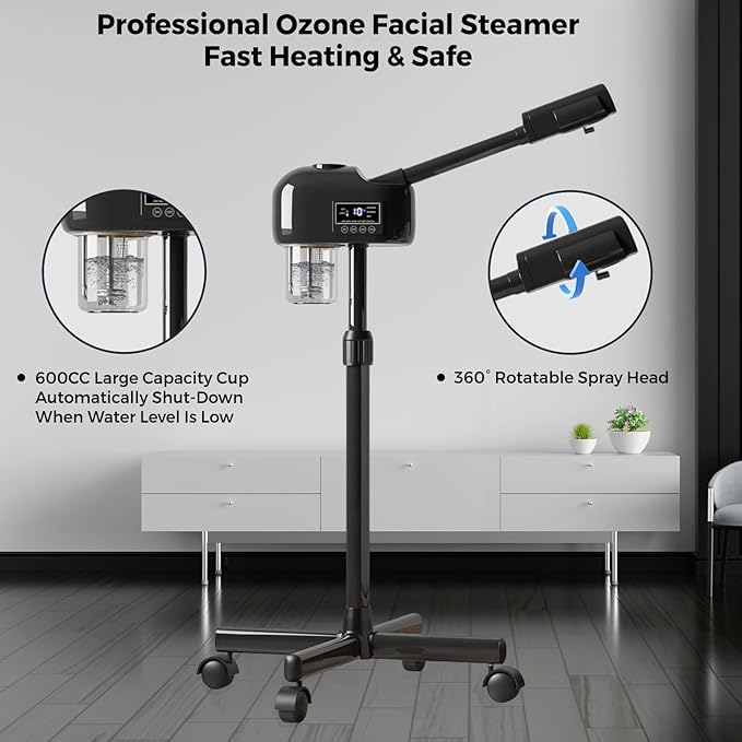 Facial Steamer for Estheticians, Timer Function & Hot Mist, Vaporizador Facial Steamer Professional On Wheels for Home Use & Spa Salon Skin Cleasning