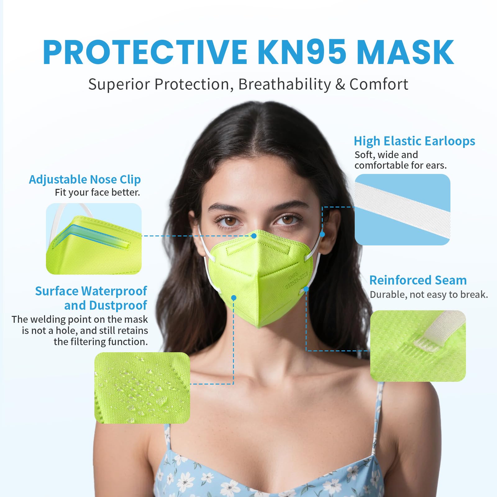Akgk KN95 Face Mask 50 PCS, Breathable Protection 5-Ply Green Masks, Cup Dust Safety