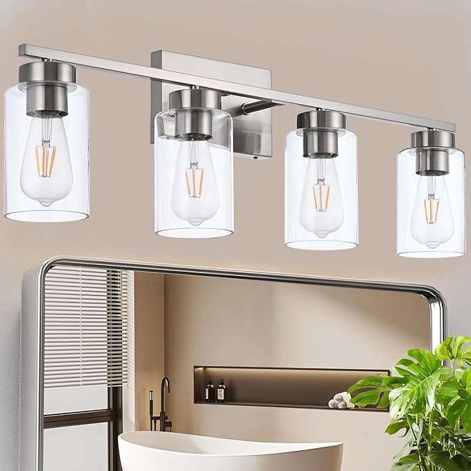 A1A9 4 Light Bathroom Vanity Light Fixtures, Brush Nickel Modern Wall Lights with Clear Glass Shade, Vintage Wall Sconce Lighting for Living Room, Mirror, Bedroom, Hallway (Nickel, 4-Lights)