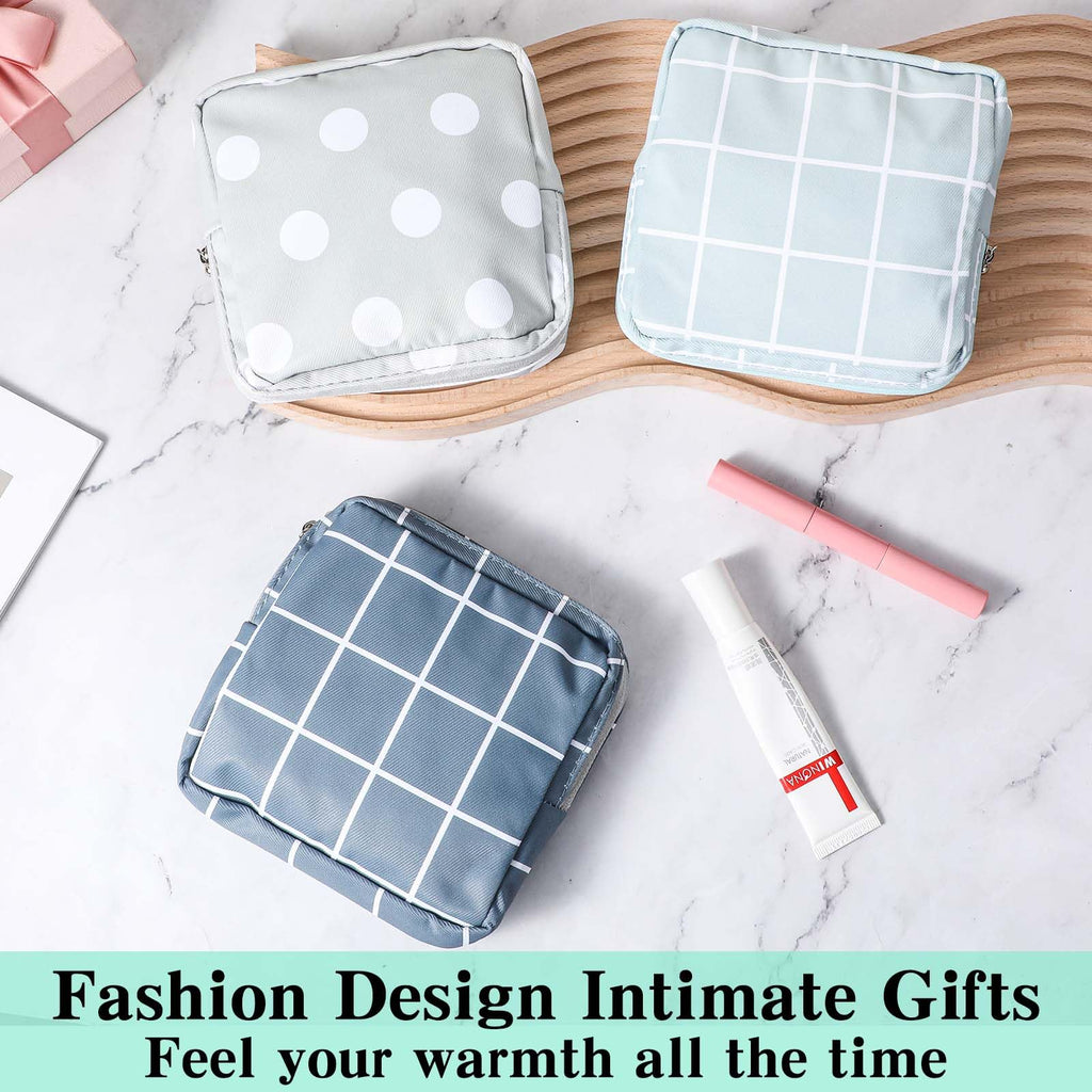 3 PCS Sanitary Pad Storage Bag Portable Period Bag for Teen Pads/Sanitary Napkins/Tampons, Sanitary Napkin Storage Bag First Period Gifts for School, Daily Hygiene Bag Travel Containers(Grey, Blue)
