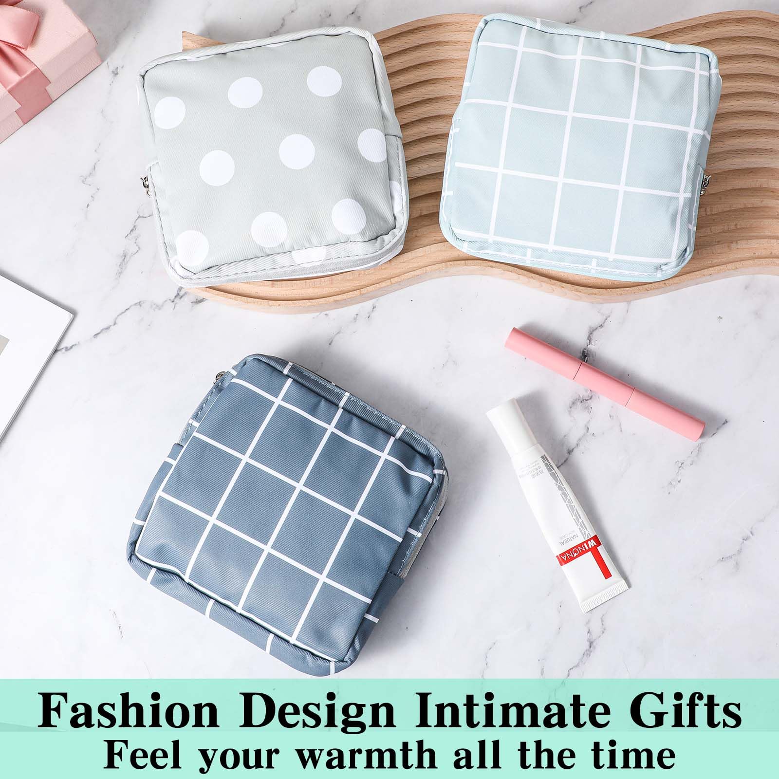 3 PCS Sanitary Pad Storage Bag Portable Period Bag for Teen Pads/Sanitary Napkins/Tampons, Sanitary Napkin Storage Bag First Period Gifts for School, Daily Hygiene Bag Travel Containers(Grey, Blue)