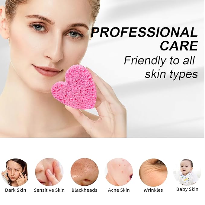Silkyhose Women 120-Count Compressed Cellulose Heart Shape Face Facial Sponges 100% Natural Cosmetic Sponges for Facial Cleansing Exfoliating Mask Skin Massage (（Pink） 120 Count)