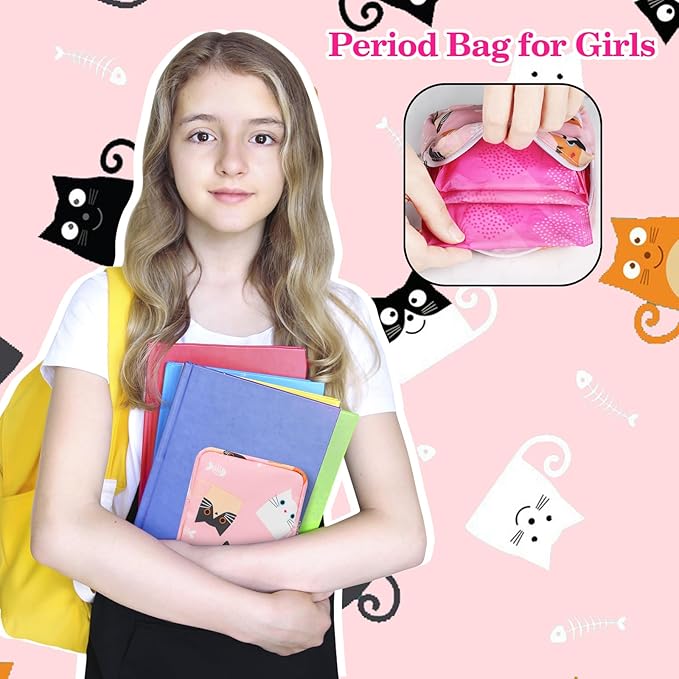 Period Bag Pouch, Canvas Sanitary Napkin Storage Bag for Girls Womens, Portable Sanitary Napkin Period Pad Pouch for Purse, Small Make Up Bags(Cat, Pink)