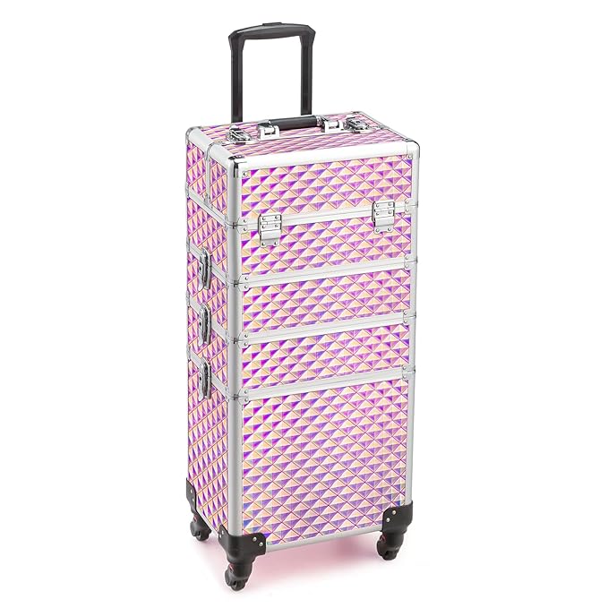mefeir 4 in 1 Rolling Makeup Train Case, Aluminum Makeup Travel Organizer Cosmetic Case, Cosmetology Display Suitcase on Wheels, Beauty Storage Luggage Lockable w/4 Removable Wheels (Black)