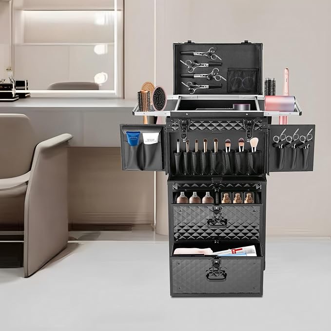 QUEWATSA Rolling Makeup Case Large Storage Cosmetic Trolley, Rolling Lockable Makeup Train Case, Stylist Beauty Salon Cosmetic Luggage Travel Organizer Tool Box with Hair Dryer Holder