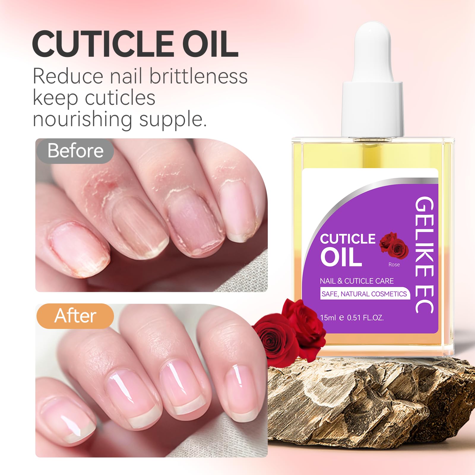 gelike ec Nail Cuticle Oil - Rose Scent Dual Color Nail Moisturizing With Natural Jojoba Vitamin B & E for Nail Bed ＆ Damaged Nails Repair Treatment - Cuticle Cream for Nail Growth and Strength