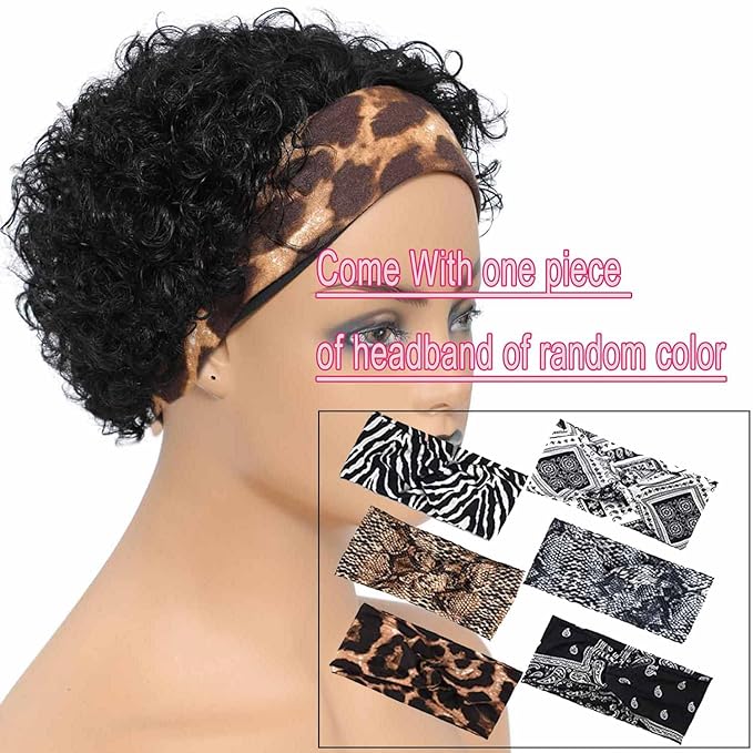 Headband Wig Human Hair Wigs for Black Women Pixie Cut Wig Put on and Go Glueless Wig Short Curly Headband Wigs 150% Density Natural Black 6 Inch