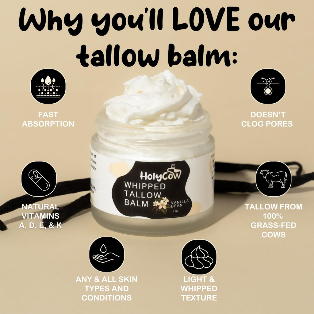 HolyCow Grass Fed Beef Tallow For Skin with Jojoba Oil, 2 Ounce - Vanilla