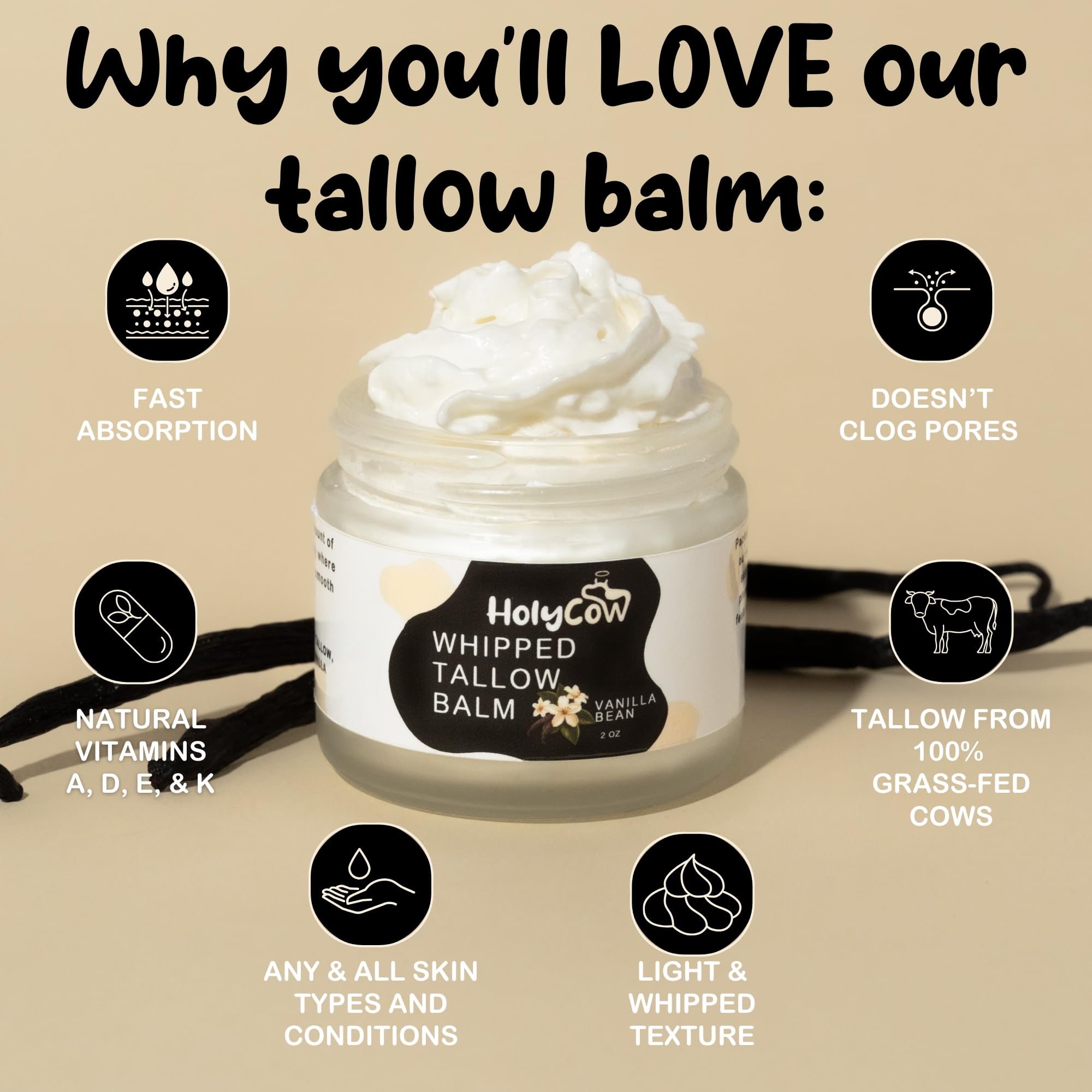 HolyCow Grass Fed Beef Tallow For Skin with Jojoba Oil, 2 Ounce - Vanilla