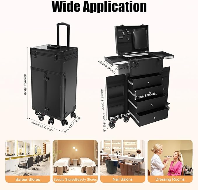 SuiYuLn 44.09lbs Lockable Makeup Train Case,Rolling Hairdressing Trolley,Beauty Salon Cosmetic Luggage with Universal Wheels for Hair Stylist,Make-up Artists (Black 8)