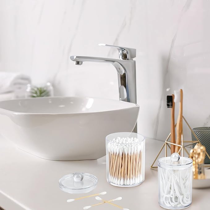 Emlim Clear Bathroom Organizer with Lid - 2-Pack Cotton Ball and Cotton Swab Storage Tins for Vanity Storage