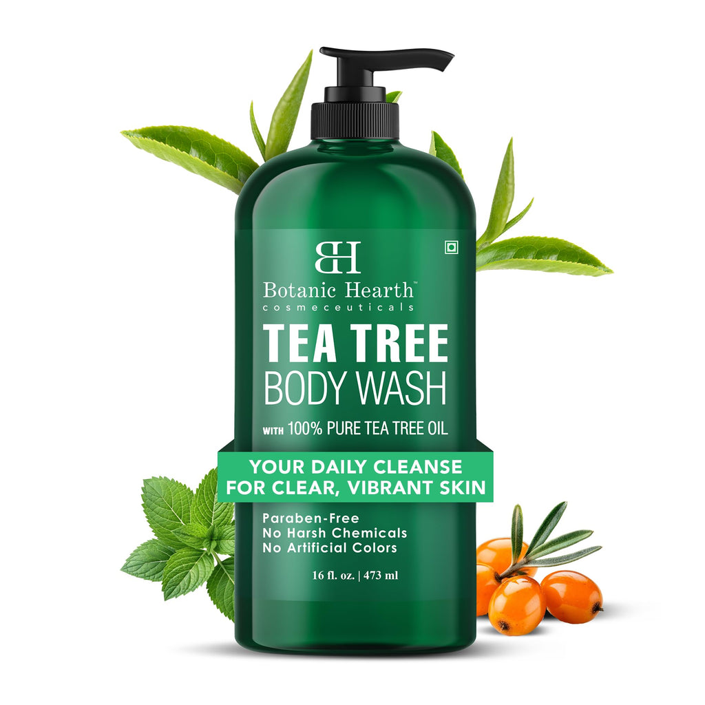 Botanic Hearth Tea Tree Body Wash, 16 Fl Oz (473 ml) | Enriched With Tea Tree Oil, Peppermint & Sea Buckthorn | Gently Cleanses, Refreshes & Nourishes Skin | Sulfate & Paraben Free | For Men & Women