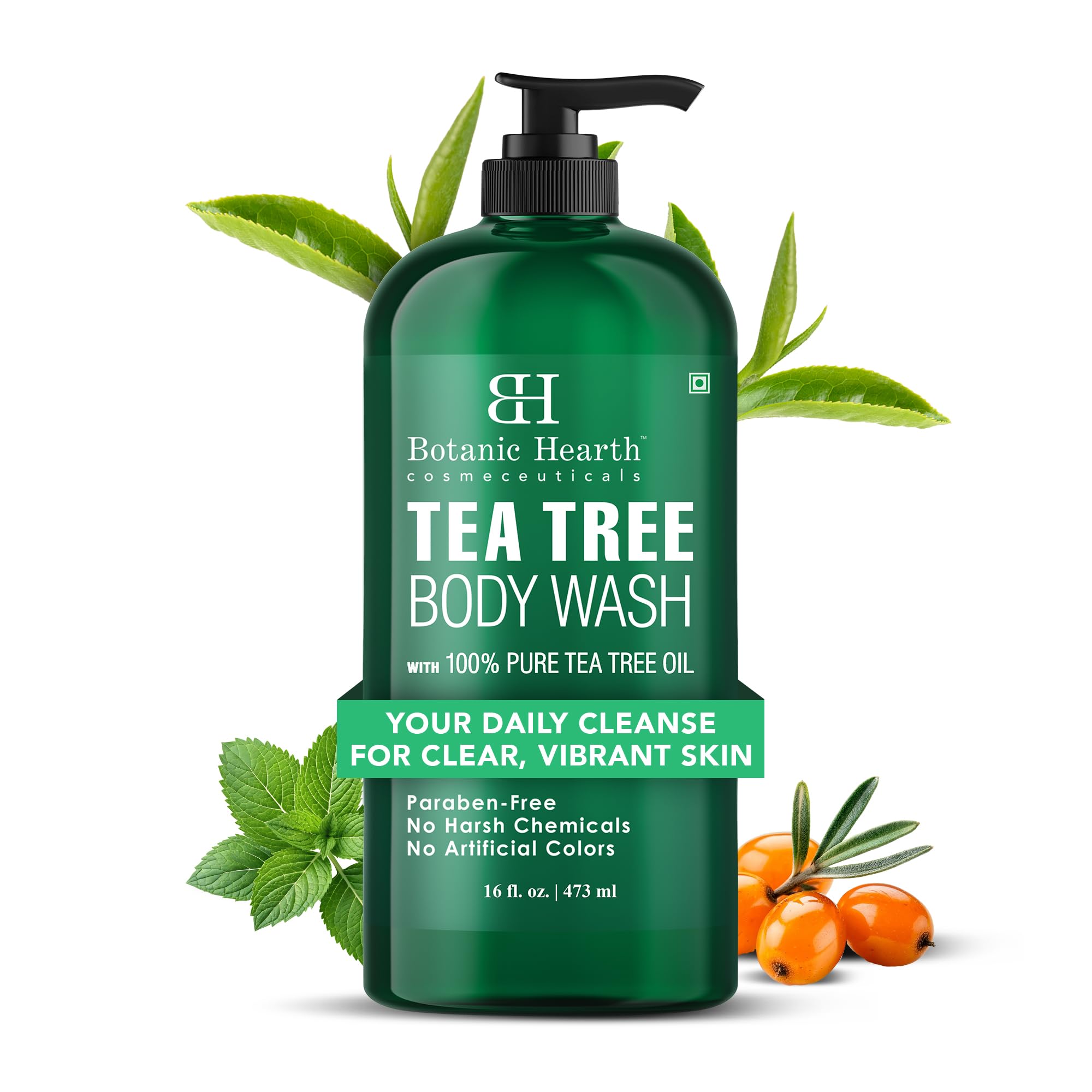 Botanic Hearth Tea Tree Body Wash, 16 Fl Oz (473 ml) | Enriched With Tea Tree Oil, Peppermint & Sea Buckthorn | Gently Cleanses, Refreshes & Nourishes Skin | Sulfate & Paraben Free | For Men & Women