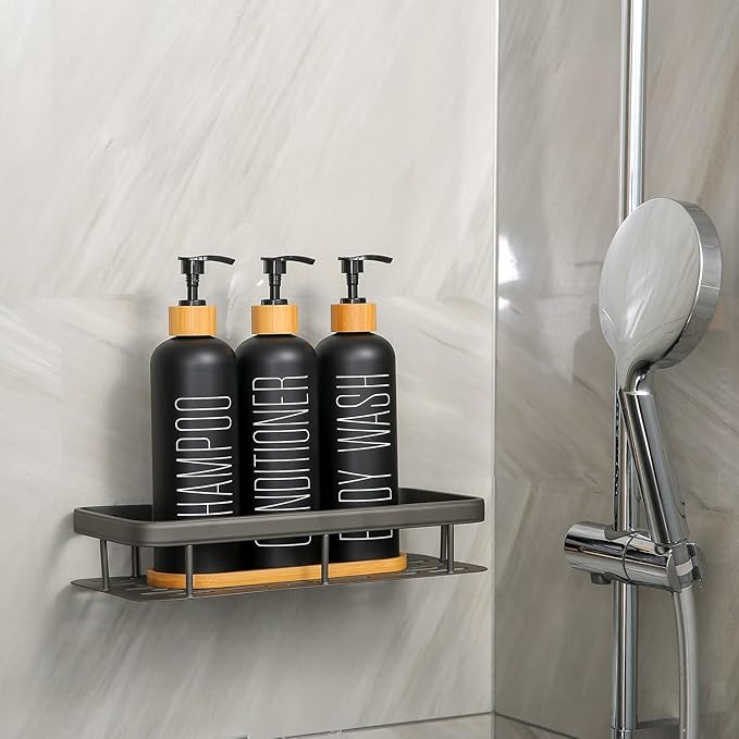 Prus Waso Shampoo and Conditioner Dispenser with Bamboo Pumps & Tray, Perfect for Bathroom Essentials for New Home (Black)