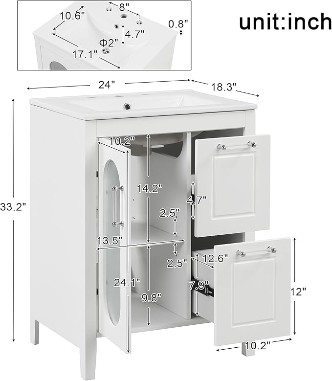 Harper & Bright Designs 24" Bathroom Vanity with Sink, Free Standing Single Basin Vanity Set with Two Drawers and Glass Door, Modern Wooden Bathroom Cabinet with Ceramic Basin for Bathroom, White