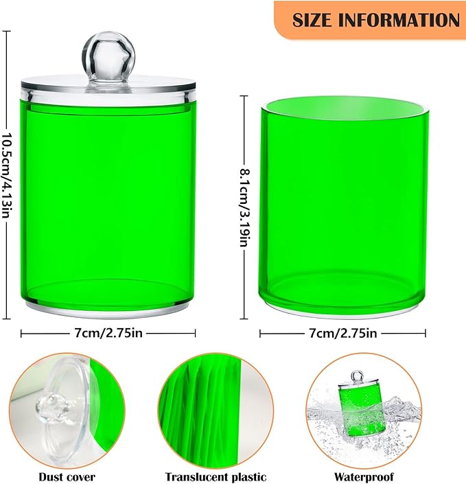 Green Qtip Holder Organizer Dispenser Cotton Swabs Cans Plastic Jars with Lid Set 4 Pack Bathroom Storage Canister for Cotton Ball Floss Cotton Pads