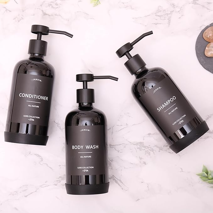Janxin Shampoo and Conditioner Dispenser Set of 3,Refillable 21oz Shampoo Bottles with Non-Slip Protective Silicone Pad,Shower Soap Dispenser with Waterproof Labels for Bathroom (Black)