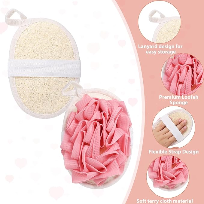 2PCS Pink Loofah Sponge - Exfoliating Loofah for Women & Men, Natural Body Face Scrubber Sponge, Bath Accessories for Travel Skin Care and Cleansing