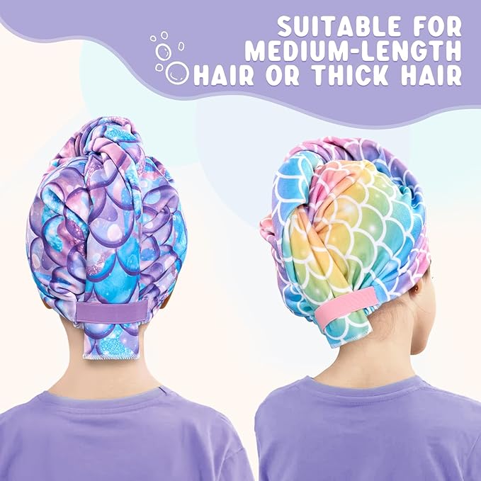 WAWSAM Kids Hair Drying Towel Wrap - Microfiber Hair Towel for Girls, Quick Dry Hair Cap with Button & Elastic Loop, 2 Pack (Rainbow&Purple)