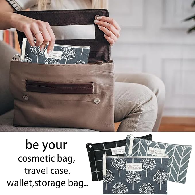 SHEHARUHI 3 Pcs Canvas Makeup Bags Set Cosmetic Small Bag Printed Cute Vacation Travel Toiletry Purse Zipper Pouch Multi-Function Bag Women Girls Favor