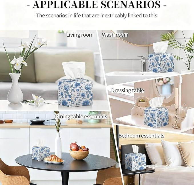 Floral Tissue Box Cover Blue Leather Tissue Box Holder Square Facial Paper Organizer Dispenser for Bathroom Kitchen Bedroom Vanity Countertop Night Stands