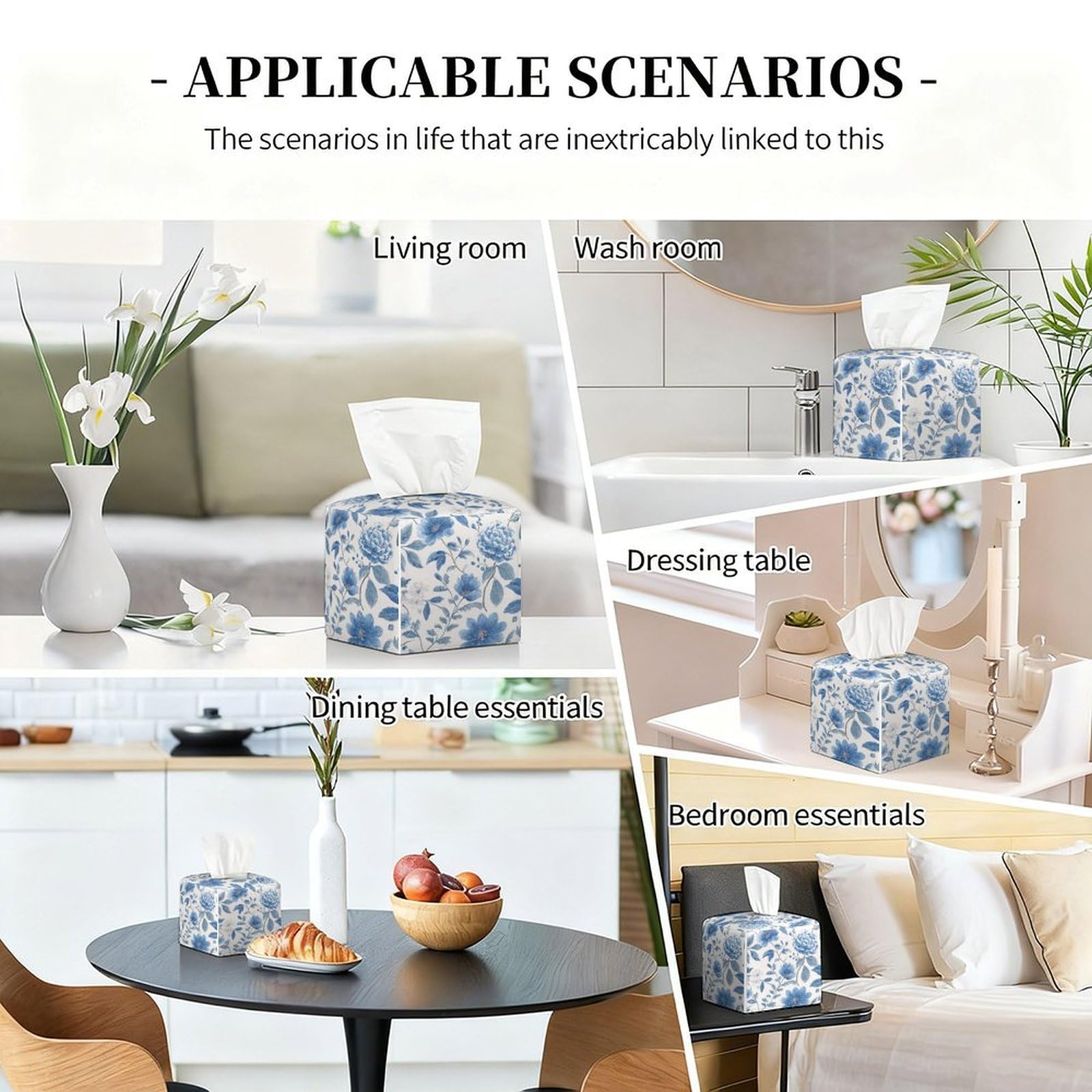 Floral Tissue Box Cover Blue Leather Tissue Box Holder Square Facial Paper Organizer Dispenser for Bathroom Kitchen Bedroom Vanity Countertop Night Stands
