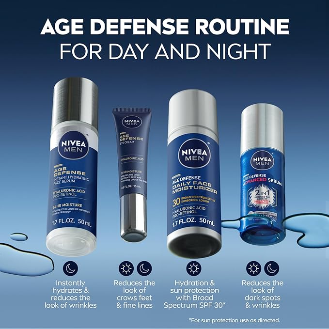 NIVEA MEN Age Defense Daily Face Moisturizer with Broad Spectrum SPF 30 Sunscreen, Pro-Retinol and Hyaluronic Acid, Beard-Friendly Face Lotion Helps Defend Against UVA/UVB Rays, 1.7 Fl Oz Bottle