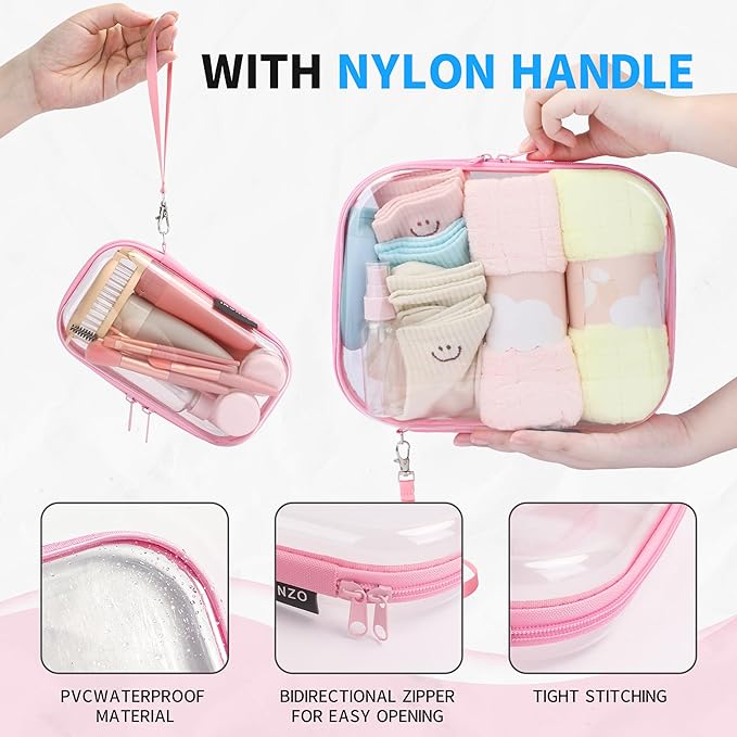 iRUNZO 3 PCS Clear Hard Shell Zipper Case With Handle Strap，Clear Plastic Waterproof Cosmetic Makeup Bags Toiletry Pouches for Travel With Double Zipper，Kid's Toy Storage Organizer Bins Box