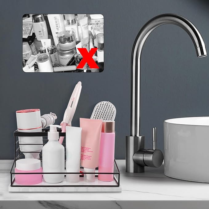 Siyzda Hair Tool Organizer, Movable Hair Dryer Holder, Hair Styling Tools Storage for Vanity, Bath Counter Organizer, Bathroom Trays for Hair Toiletry, Makeup (12" x 7.7" x 5.8", Marble-Black)