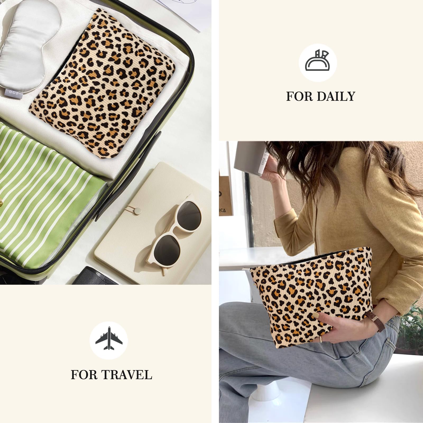 STARDW Corduroy Leopard Makeup Bag Organizer Cosmetic Bags for Women