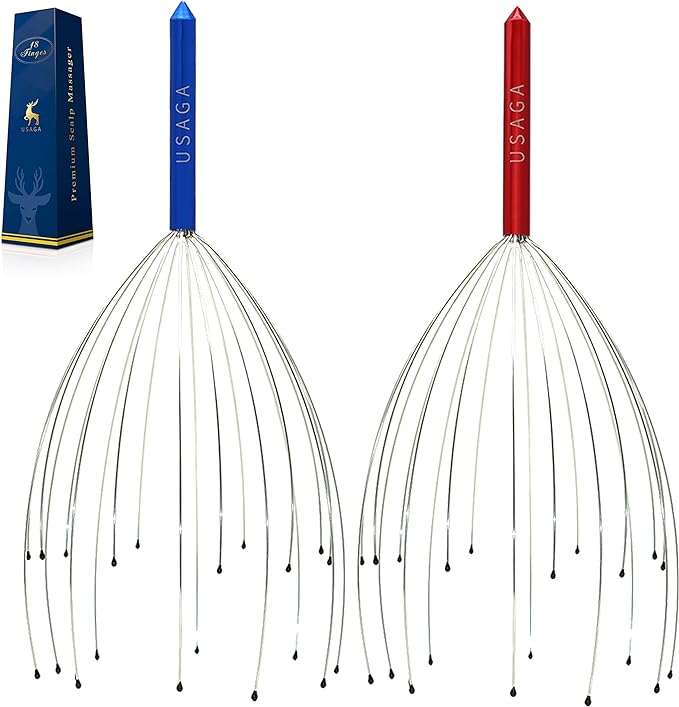 USAGA Head Massager Scalp Massager 20 Fingers Head Scratcher for Head Body Relaxing (Red & Blue)