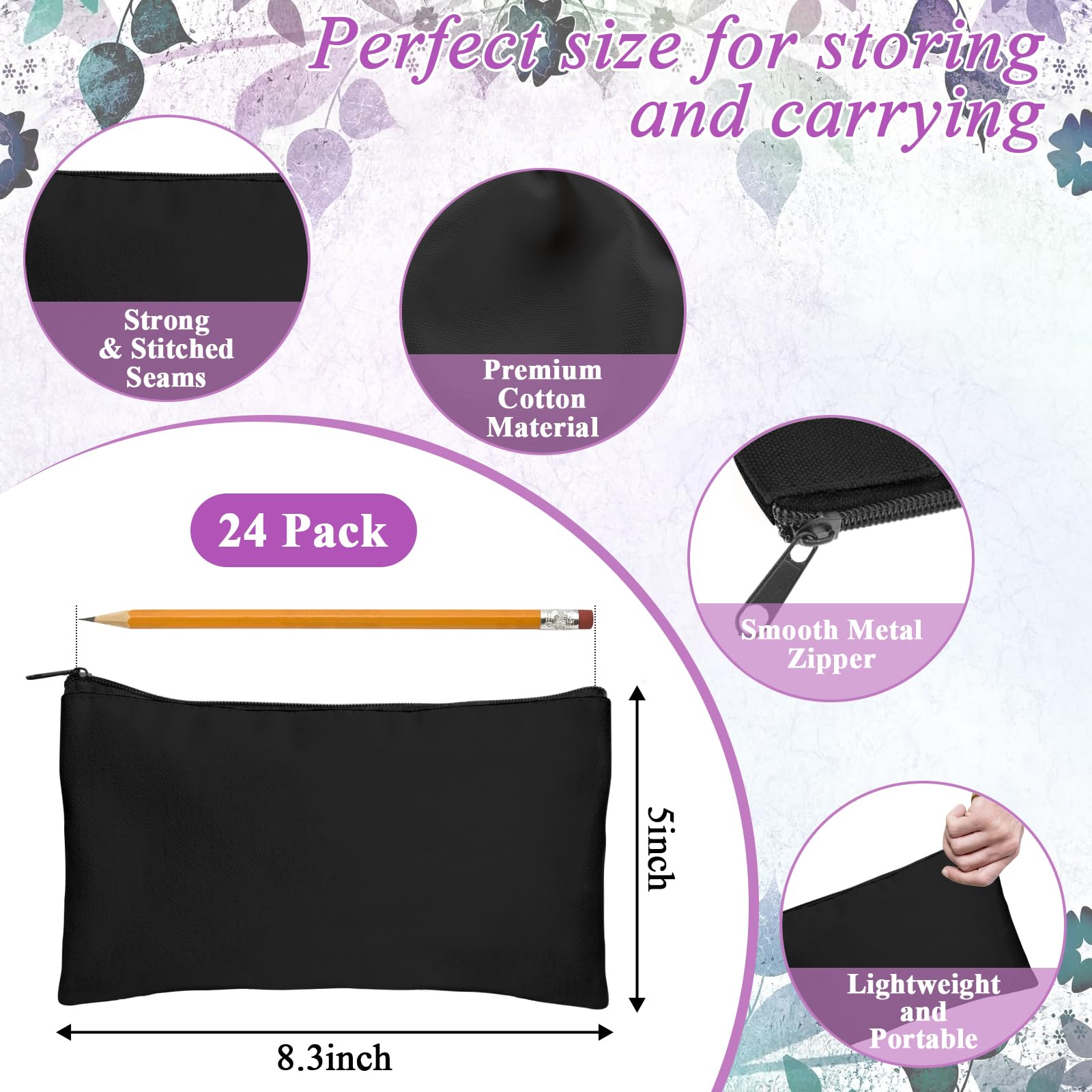 Legigo 24 Pack Black Canvas Makeup Bags DIY Craft Bag- Blank DIY Craft Bag Canvas Pencil Case Canvas Zipper Pouch Bags Cosmetic Bag Multipurpose Canvas Pouch with Zipper for vinyl (8.3 x 5 inches)