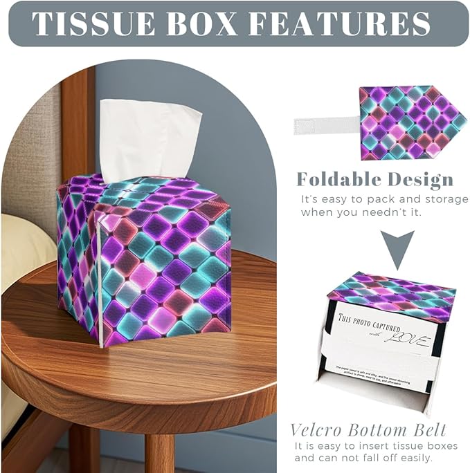 Neon Tissue Box Cover Colorful Rainbow Tiles Purple Blue Pink Leather Tissue Box Holder Square Facial Paper Organizer Dispenser for Car Bathroom Bedroom Office Tabletop Decor