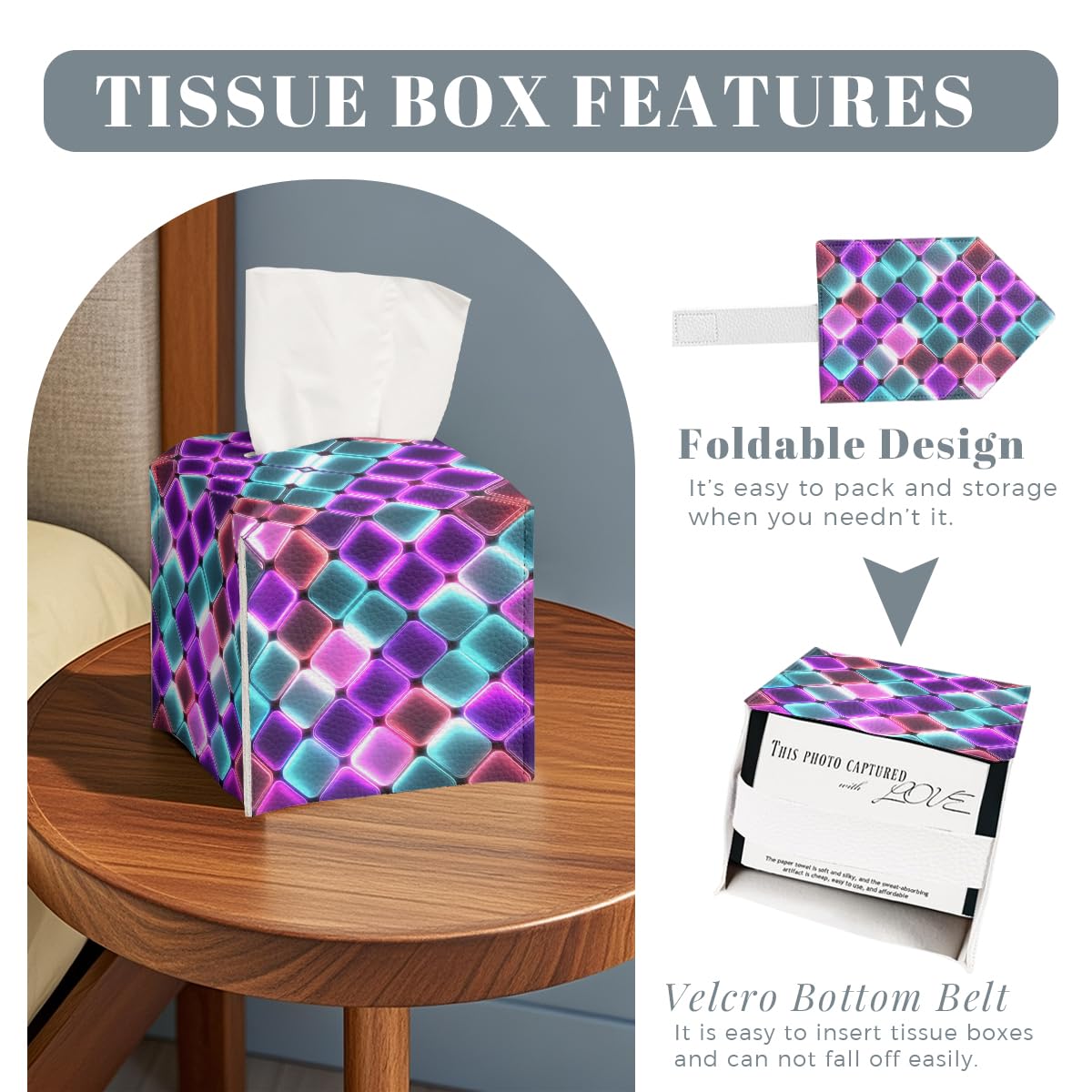 Neon Tissue Box Cover Colorful Rainbow Tiles Purple Blue Pink Leather Tissue Box Holder Square Facial Paper Organizer Dispenser for Car Bathroom Bedroom Office Tabletop Decor