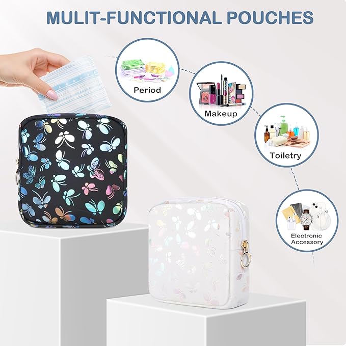 Likesing Period Bag Pouch, Leather Sanitary Napkin Storage Bag for Girls Womens, Portable Sanitary Napkin Period Pad Pouch Bag for Purse, Small Make Up Bags(White Butterflies)