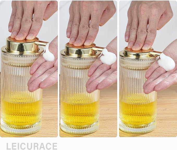 Glass Foam Soap Dispenser, Refillable Faming Dispenser with Gold Pump, Foam Hand Soap Dispenser for Bathroom Kitchen, Modern Home Bathroom Kitchen Decor （Foam Type/Gold）
